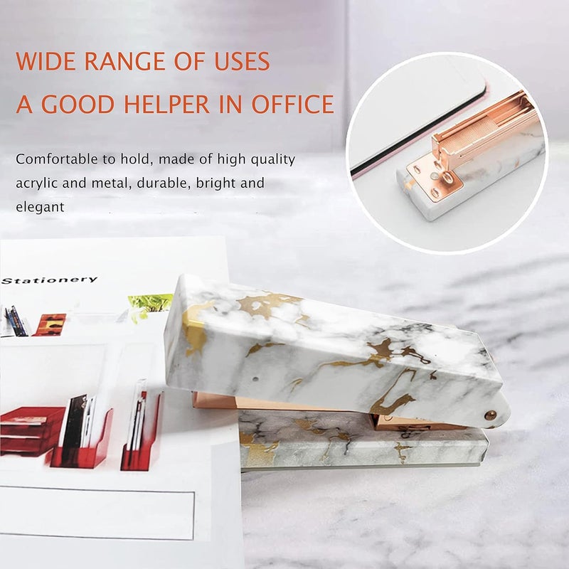 Famassi Rose Gold Marble Desk Accessories, Office Supplies Set Stapler Staple Remover, Tape Holder, Pen 2 Ballpoint Pen, Scissor, Binder Clips, Paper Clips and 1000pcs Staples - Image 3